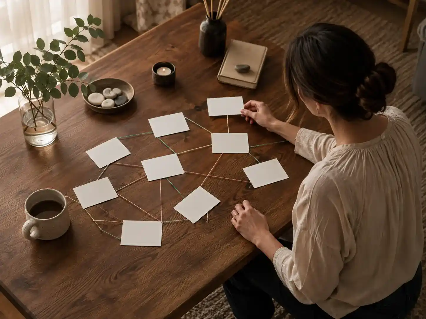 → Personne organisant des cartes reliées pour identifier un schéma relationnel