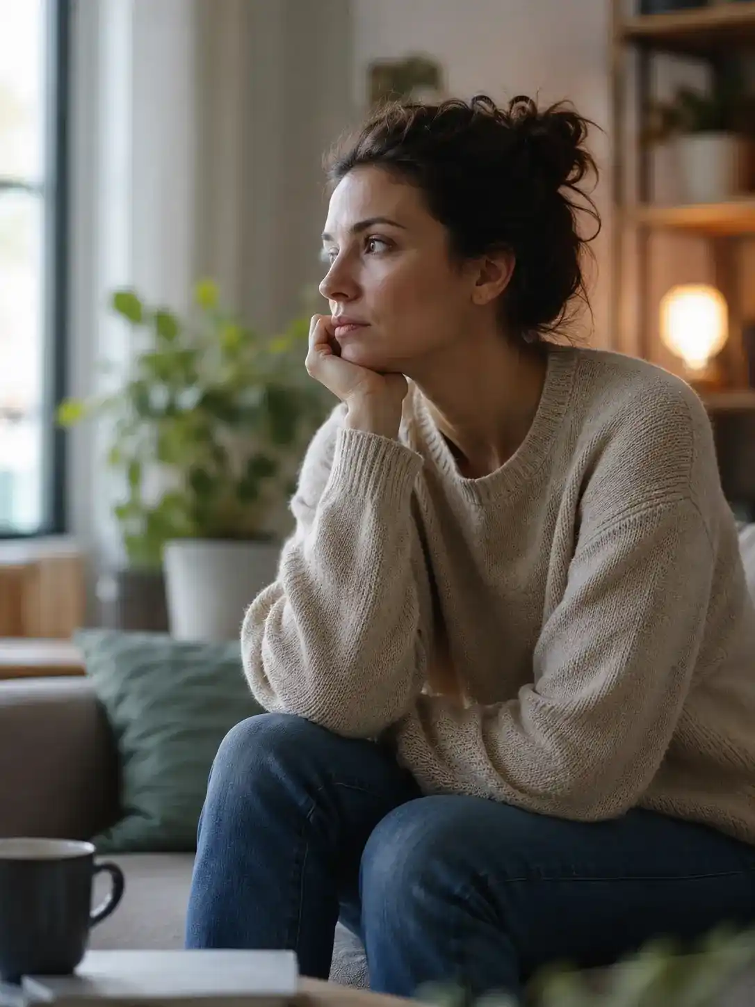 Femme pensive face à une situation difficile
