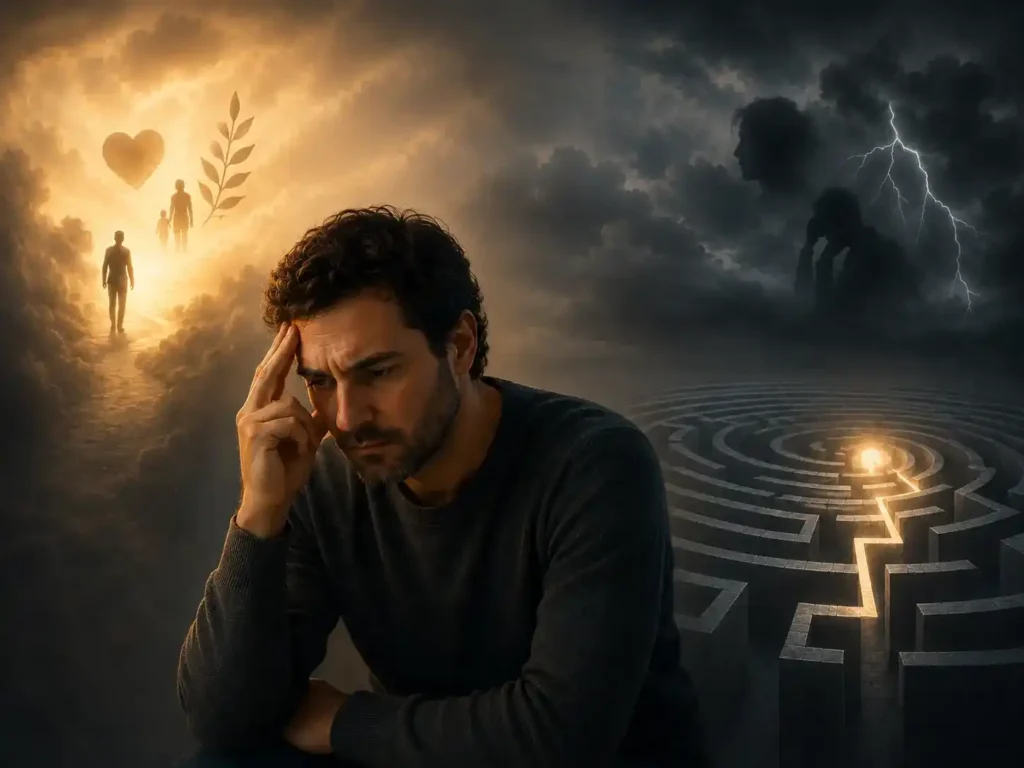 Homme avec des pensées en boucle et en conflit interne