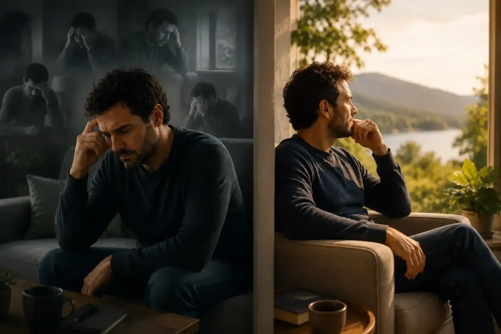 Homme devant le choix de la rumination ou de la paix mentale