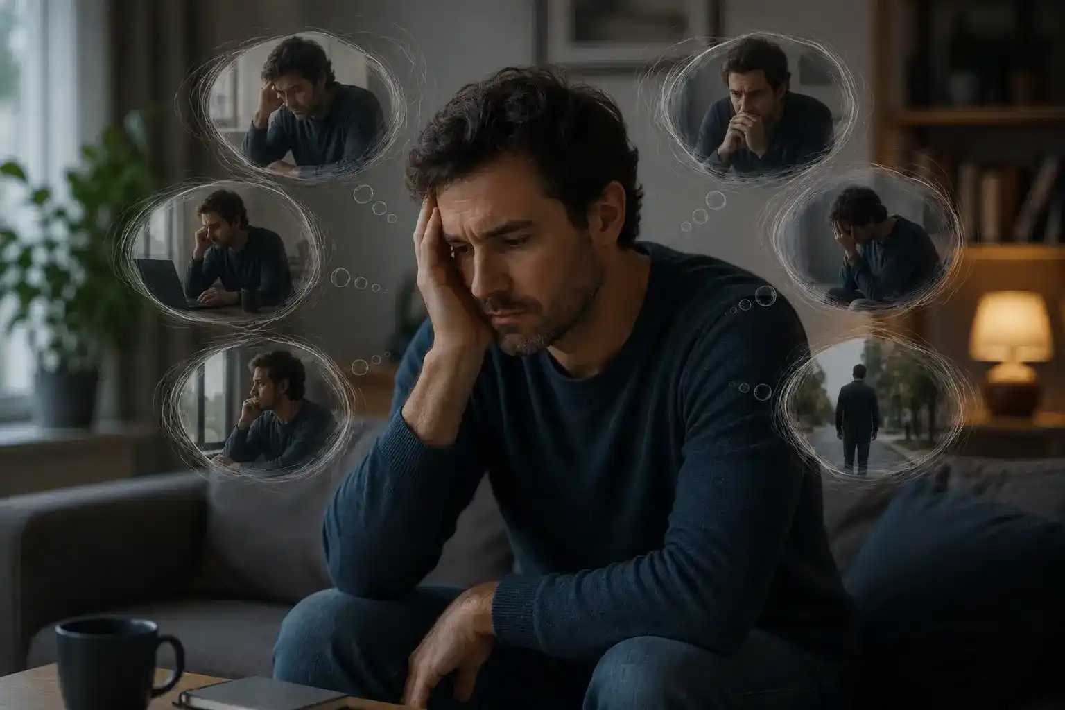 Homme assis, absorbé par des pensées répétitives